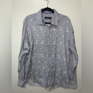 Bugatchi Uomo blue & white striped shirt with floral embroidery Size XL